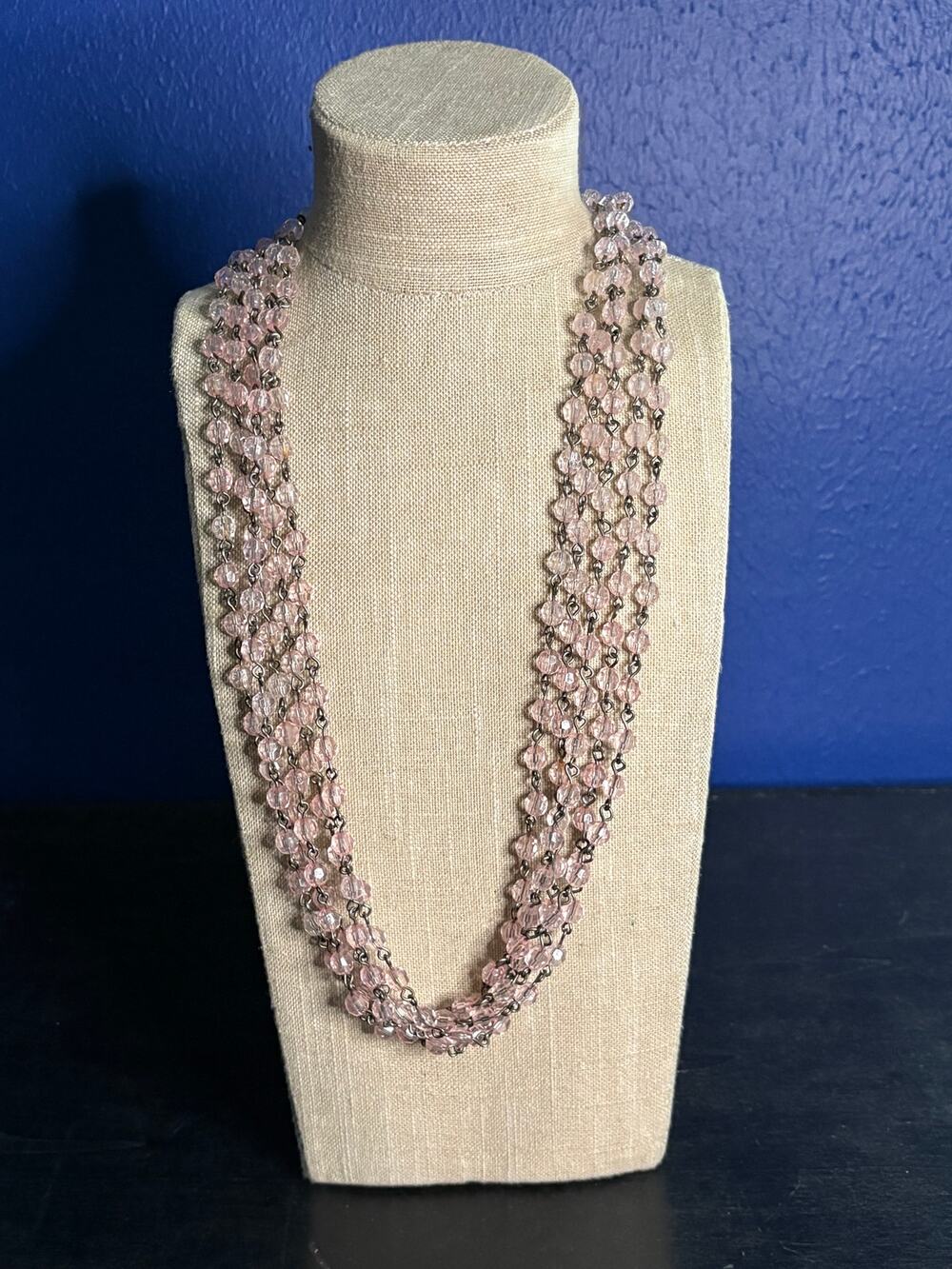 Vintage Pink & Silver Beaded Multi‑Strand Necklace Romantic Costume Sparkle